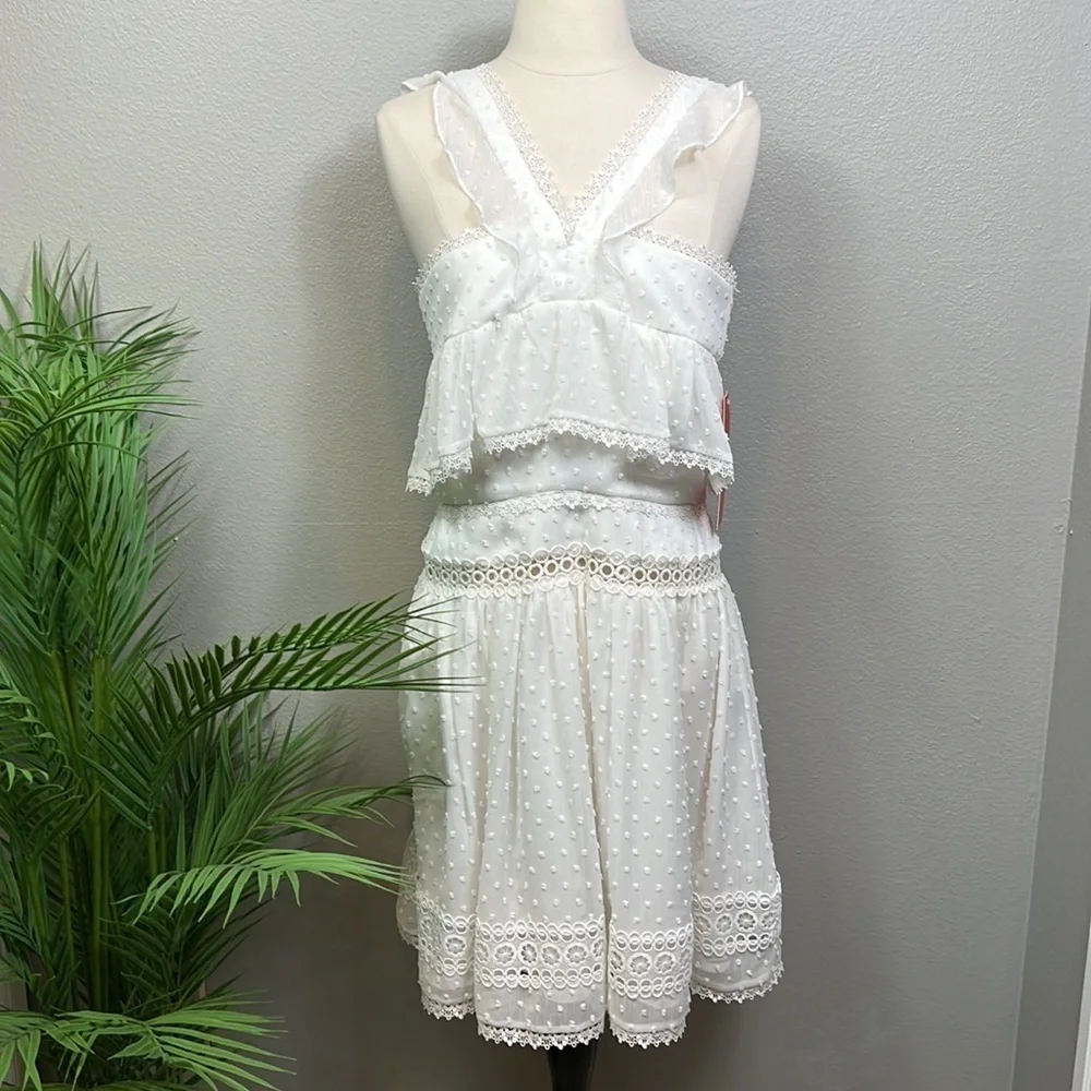 NWT Monique Lhullier White Midi Dress Eyelet Blouson Raised Polka Dots Lace 6 - Picture 4 of 13